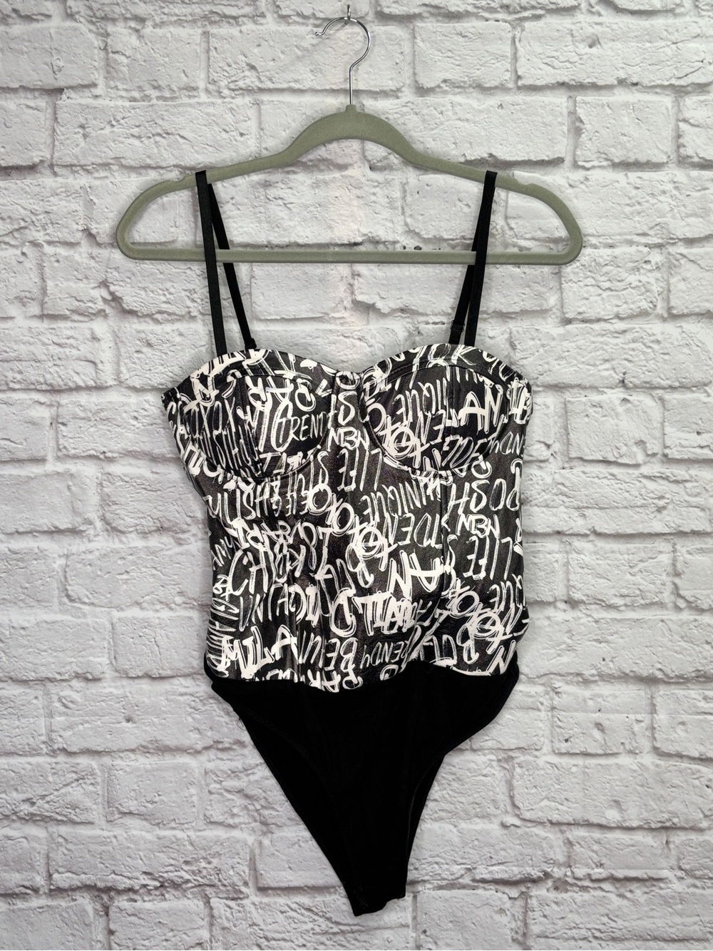 Say What Womens Graffiti Bustier Bodysuit Size L Faux Leather White Letter Black